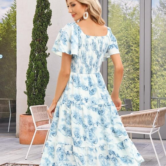 Women's Floral Summer Smocked Midi Dress Boho Square Neck Off-Shoulder - Picture 3 of 6